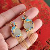 Vintage Hetian Jade Butterfly Tassel Earrings for Women