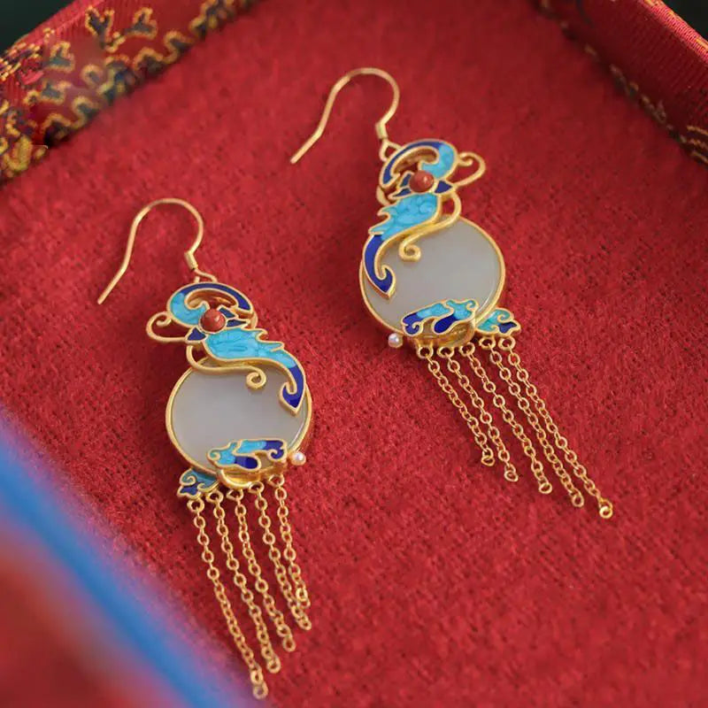 Vintage Hetian Jade Butterfly Tassel Earrings for Women