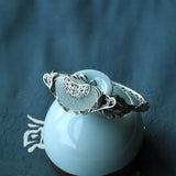 Vintage Butterfly Silver Inlaid Ruyi Hetian Jade Open Bracelet