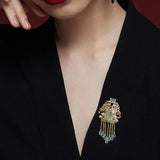 Hetian Jade Pearl Tassel Enamel Porcelain Brooch Charm Silver Jewelry