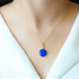 Natural Hetian Jade Silver Inlaid Lapis Round Pendant Necklace