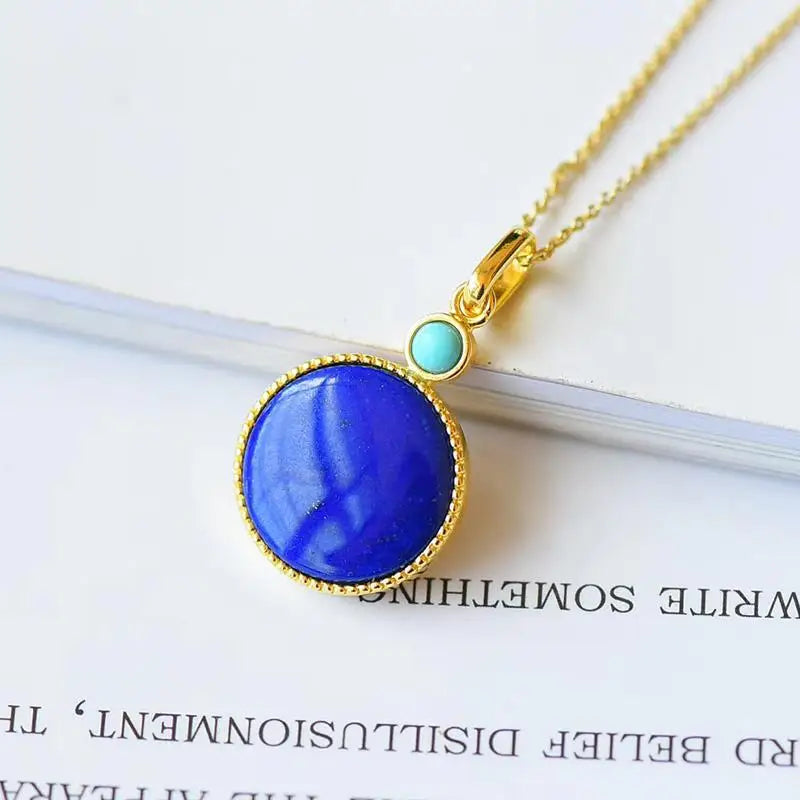 Natural Hetian Jade Silver Inlaid Lapis Round Pendant Necklace