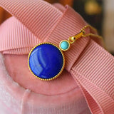 Natural Hetian Jade Silver Inlaid Lapis Round Pendant Necklace