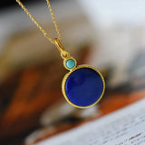 Natural Hetian Jade Silver Inlaid Lapis Round Pendant Necklace