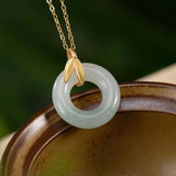 Natural Hetian Jade Bamboo Leaf Round Gilt Necklace Pendant Lady Silver Jewelry