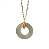 Natural Hetian Jade Bamboo Leaf Round Gilt Necklace Pendant Lady Silver Jewelry