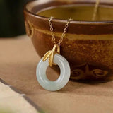 Natural Hetian Jade Bamboo Leaf Round Gilt Necklace Pendant Lady Silver Jewelry