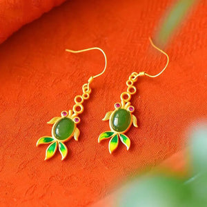 Natural Hetian Jade Enamel Porcelain Goldfish Earrings