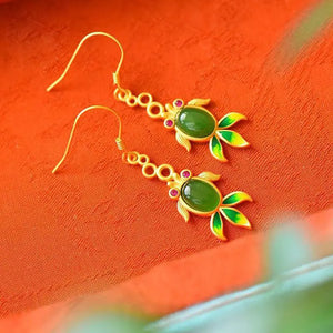 Natural Hetian Jade Enamel Porcelain Goldfish Earrings