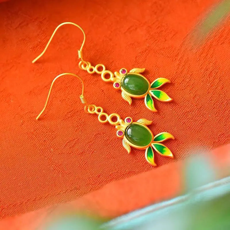 Natural Hetian Jade Enamel Porcelain Goldfish Earrings