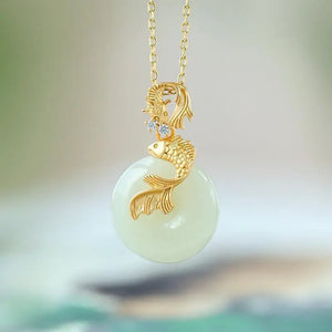 Vintage Hetian Jade Koi Necklace Pendant Silver Jewelry