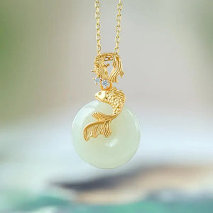 Vintage Hetian Jade Koi Necklace Pendant Silver Jewelry