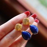 Oval Lapis Lazuli Short Earrings Silver Jewelry