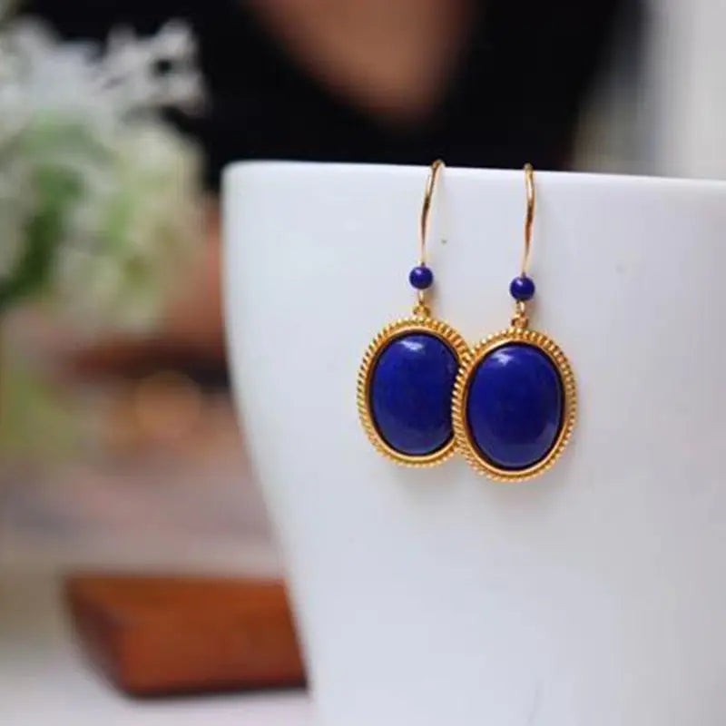 Oval Lapis Lazuli Short Earrings Silver Jewelry