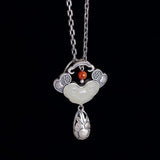 Vintage Ethnic Hetian Jade Peony Tassel Pendant Necklace