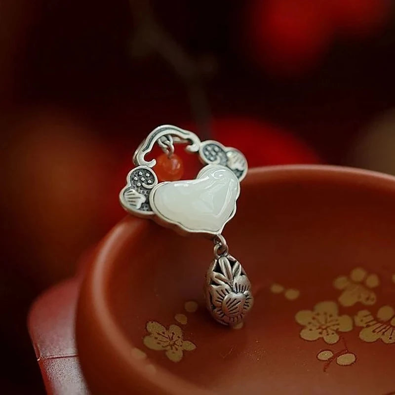 Vintage Ethnic Hetian Jade Peony Tassel Pendant Necklace