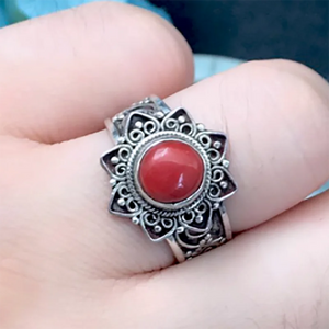 Vintage Inlaid Dzi Bead Adjustable Couple Ring Ethnic Jewelry