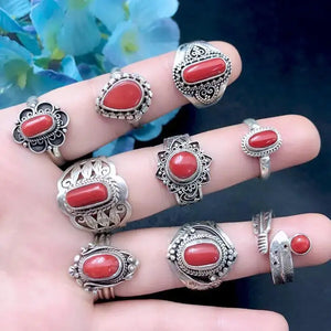 Vintage Inlaid Dzi Bead Adjustable Couple Ring Ethnic Jewelry