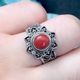 Vintage Inlaid Dzi Bead Adjustable Couple Ring Ethnic Jewelry