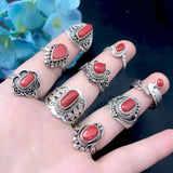Vintage Inlaid Dzi Bead Adjustable Couple Ring Ethnic Jewelry