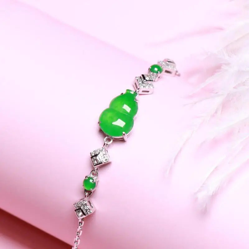 Silver Inlaid Natural Chalcedony Green Gourd Bracelet Charm