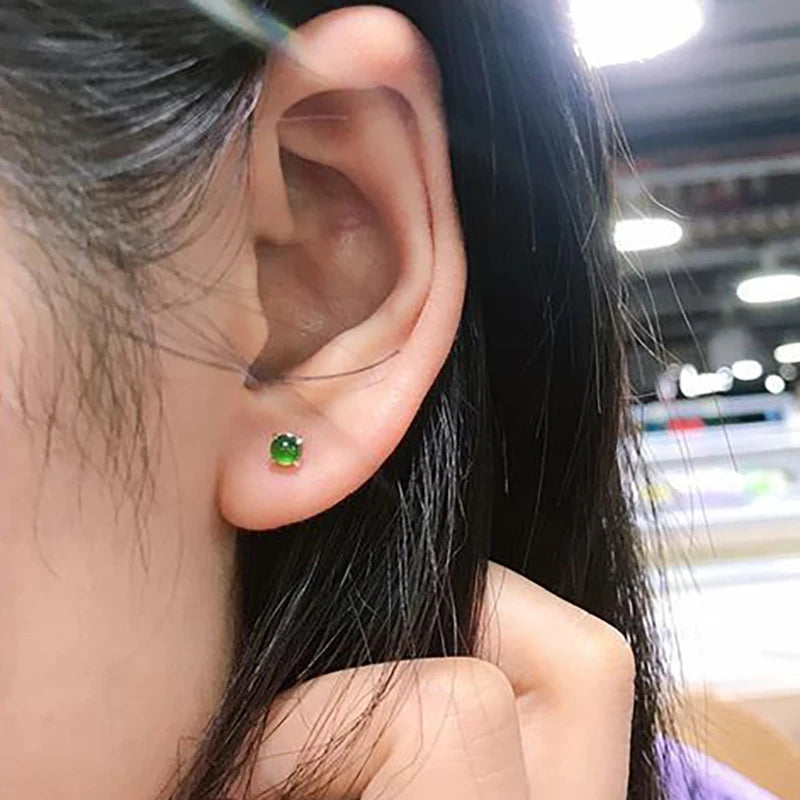 Unique Silver Inlaid Sun Green Chalcedony Round Earrings