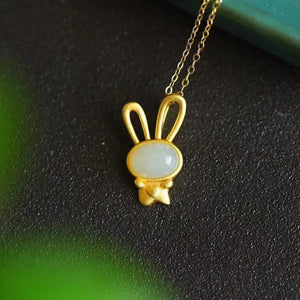 Unique Rabbit Inlaid Hetian Jade Necklace Pendant Lady Jewelry