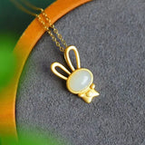 Unique Rabbit Inlaid Hetian Jade Necklace Pendant Lady Jewelry