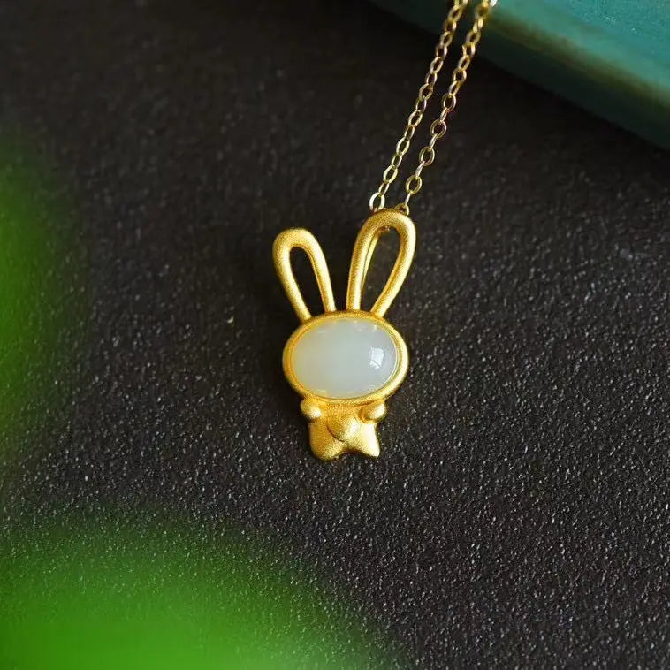 Unique Rabbit Inlaid Hetian Jade Necklace Pendant Lady Jewelry