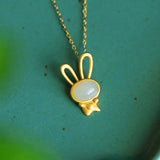 Unique Rabbit Inlaid Hetian Jade Necklace Pendant Lady Jewelry