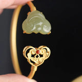Vintage Silver Inlaid Hetian Jade Bracelet Chinese Retro Lady Jewelry