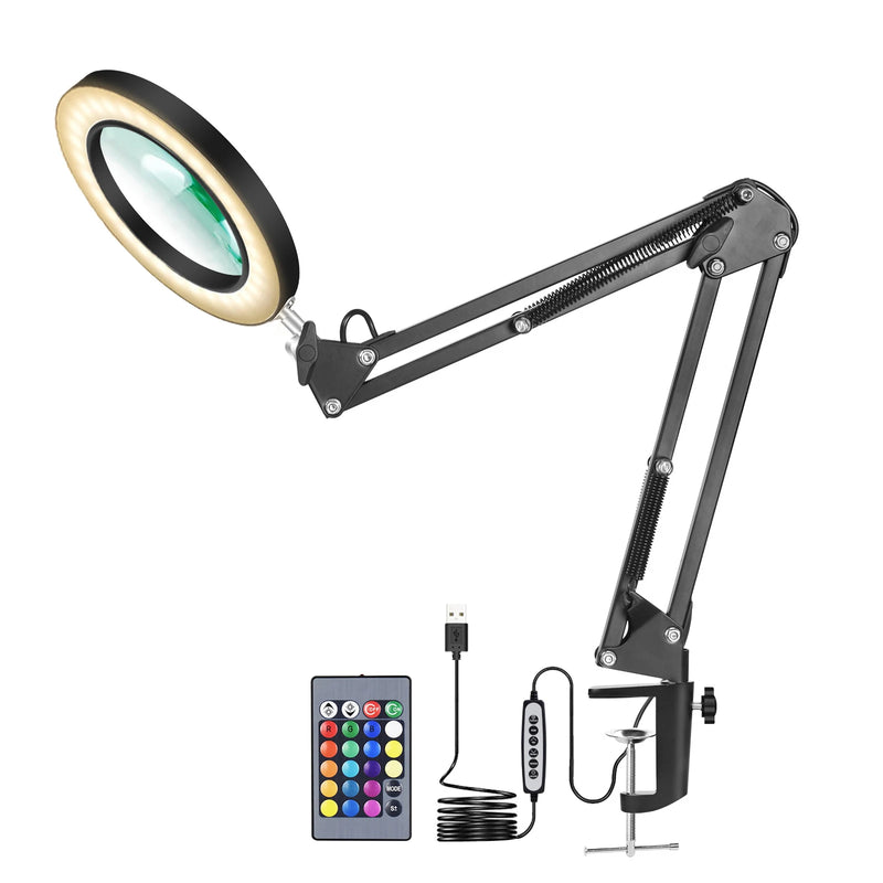 Desk Large 5X USB LED Magnifying Glass 3 Colors Illuminated Magnifier Lamp