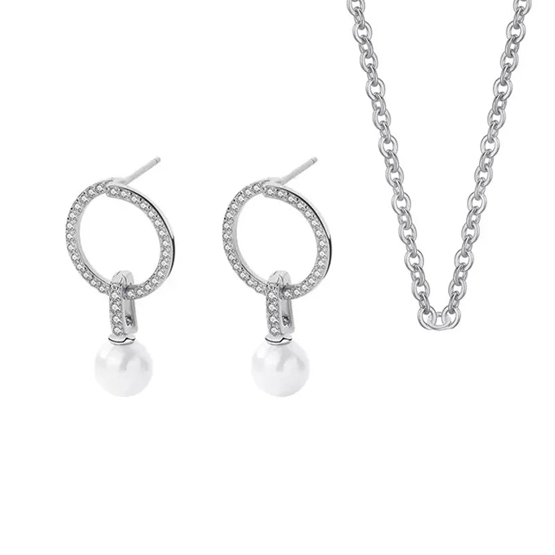 Sterling Silver Pearl Dangle Earrings & Pendant Necklace Set