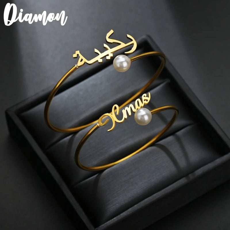 Personalized Name Bead Bangle Stainless Steel Open Love Bangle