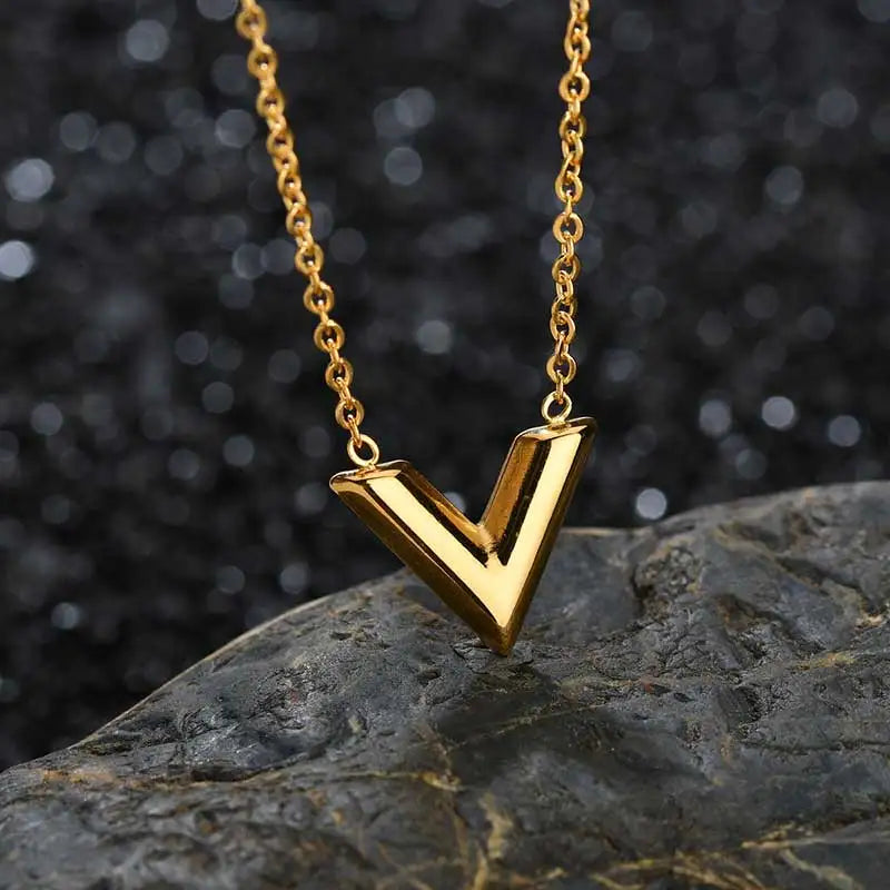 Stainless Steel V Necklace For Women Letter Pendant Necklace