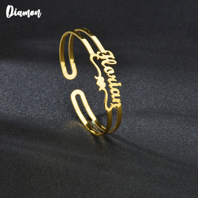 Personalized Name Bangle Stainless Steel Heart Bangle