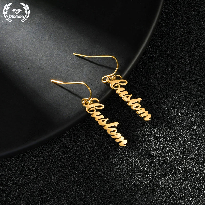 Diamond Dangle Name Earrings Personalized Stainless Steel Jewelry