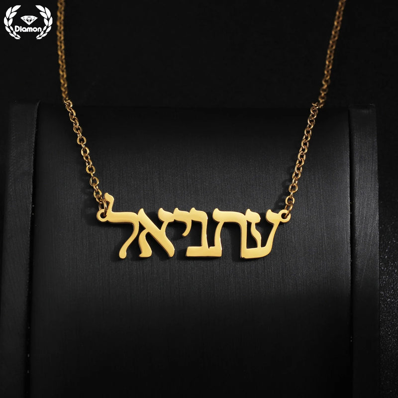 Diamon Personalized Hebrew Name Necklace Stainless Steel Nameplate For Women