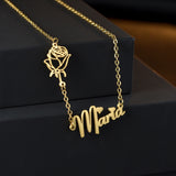 Custom Name Necklace with Rose Flower Pendant - Christmas Gift Jewelry