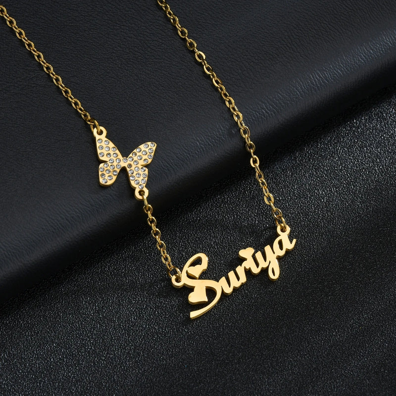 Personalized Zircon Butterfly Heart Name Choker Chain