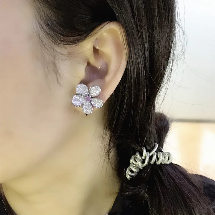 Flower Wedding Garnet Stud Earrings 18K Pink Gold Fine Jewelry