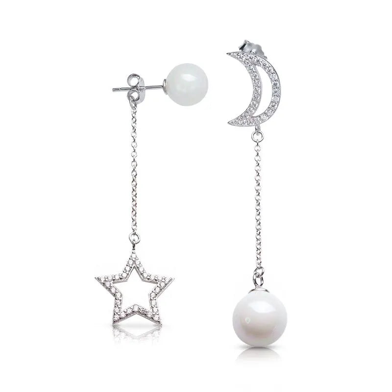 925 Sterling Silver Pearl Earrings Asymmetric Stud Tassel Jewelry