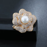 14K Diamond Rose Flower Pearl Brooch for Women Anniversary Fine Jewelry