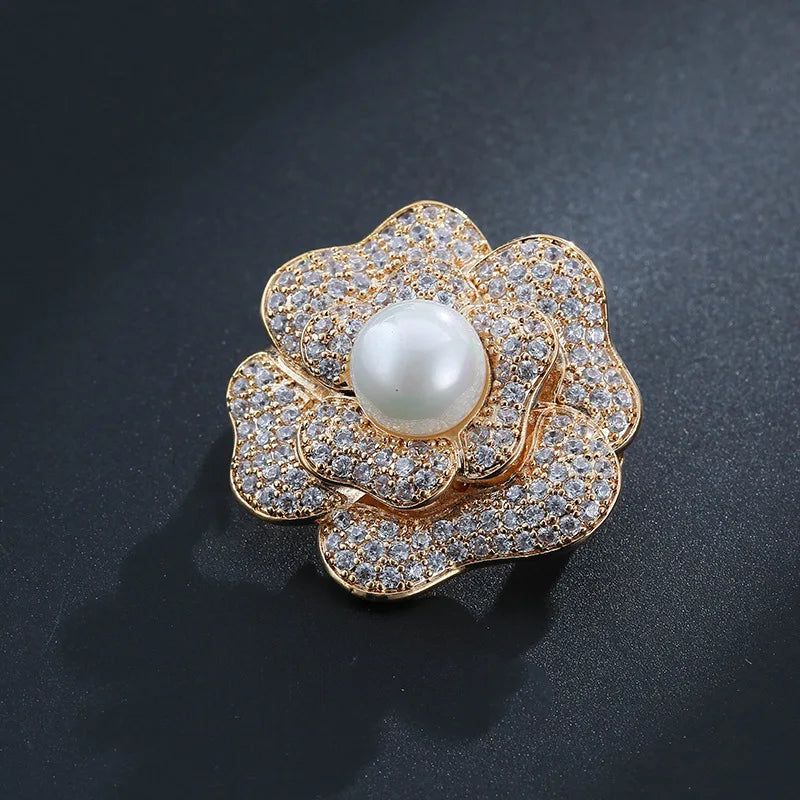 14K Diamond Rose Flower Pearl Brooch for Women Anniversary Fine Jewelry