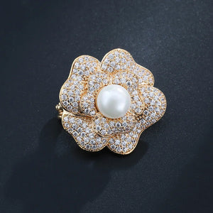 14K Diamond Rose Flower Pearl Brooch for Women Anniversary Fine Jewelry