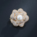 14K Diamond Rose Flower Pearl Brooch for Women Anniversary Fine Jewelry