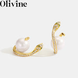 925 Silver Snake Shape Pearl Stud Earrings 18K Plated CZ Aretes Jewelry