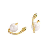 925 Silver Snake Shape Pearl Stud Earrings 18K Plated CZ Aretes Jewelry