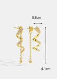 925 Silver Spiral Curve Studs Earrings 18K Plated Tassel Cz Aretes