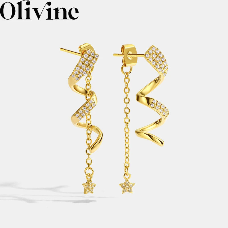 925 Silver Spiral Curve Studs Earrings 18K Plated Tassel Cz Aretes